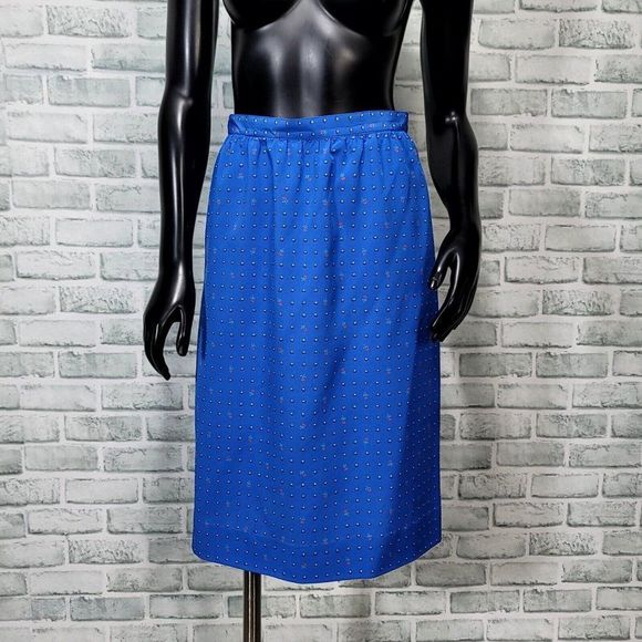 Vintage 70s Sasson S Blue Silky Polyester Floral Dot Pattern Aline Skirt Hi Rise - Picture 1 of 7